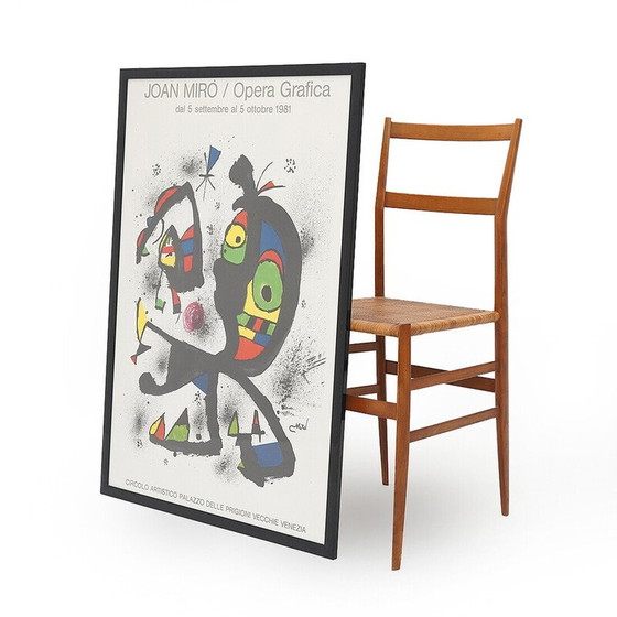 Image 1 of Vintage schilderij in zwart gelakt hout en glas van Joan Miro, 1981