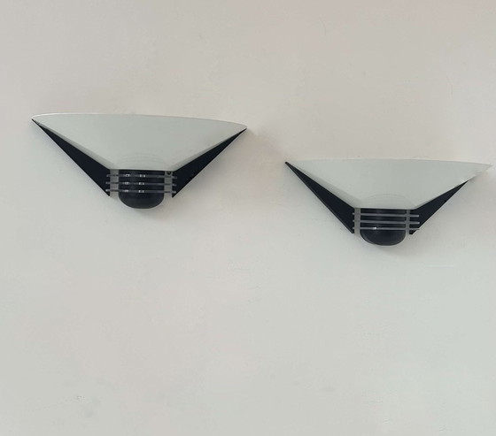 Image 1 of Paar wandlampen, wit gelakt metaal, Frankrijk 1980