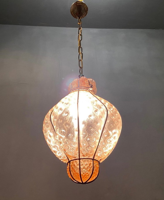 Image 1 of Roze handgeblazen Murano glazen hanglamp, jaren 70