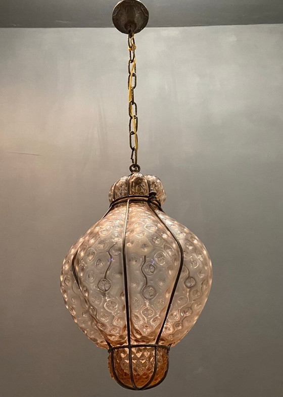 Image 1 of Roze handgeblazen Murano glazen hanglamp, jaren 70