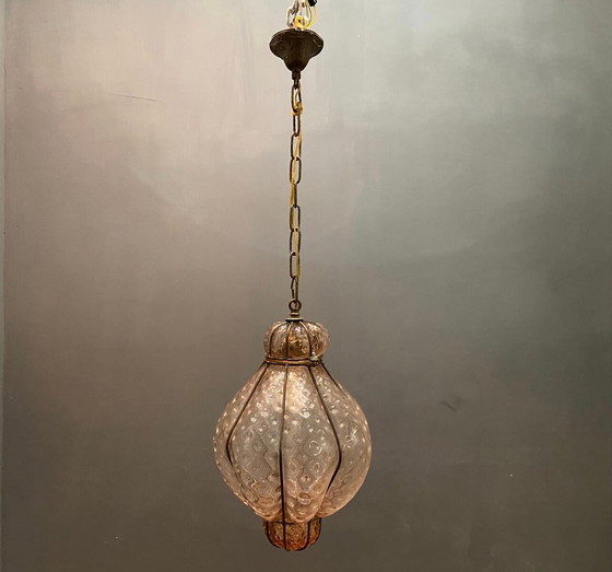 Image 1 of Roze handgeblazen Murano glazen hanglamp, jaren 70