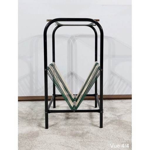 Vintage metalen buis en helder glazen bijzettafel met tijdschriftenrek, 1950