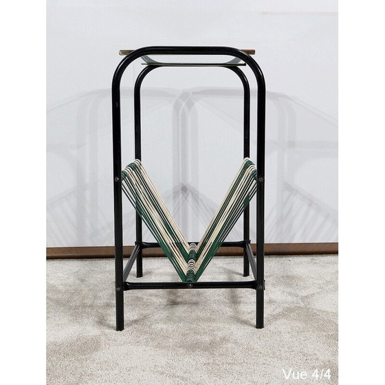 Image 1 of Vintage metalen buis en helder glazen bijzettafel met tijdschriftenrek, 1950