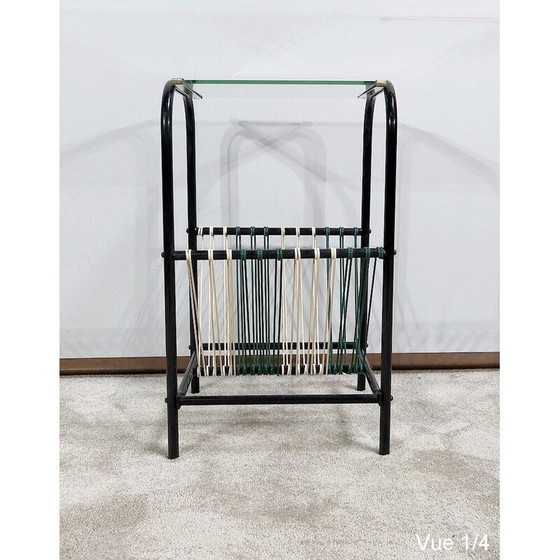 Image 1 of Vintage metalen buis en helder glazen bijzettafel met tijdschriftenrek, 1950