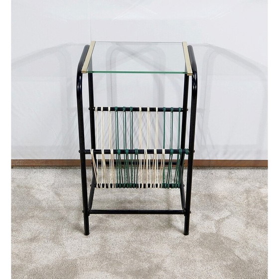 Image 1 of Vintage metalen buis en helder glazen bijzettafel met tijdschriftenrek, 1950