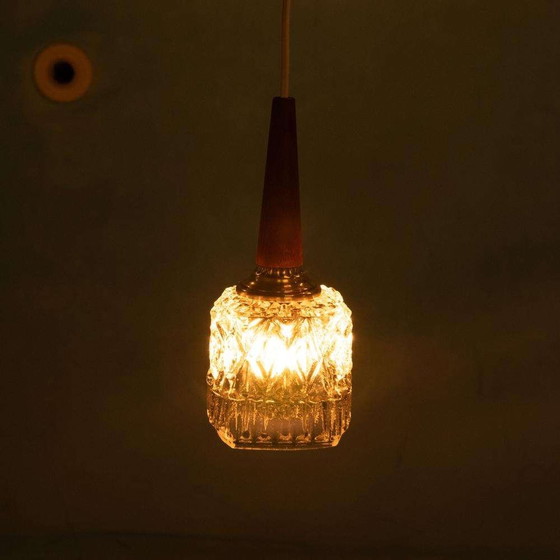 Image 1 of Vintage set hanglampen glas 60s teak brass & glass pendants