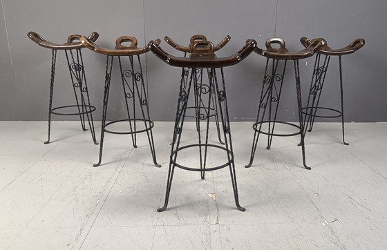 Image 1 of Vintage Spaanse smeedijzeren barkrukken, 1960S - set van 6