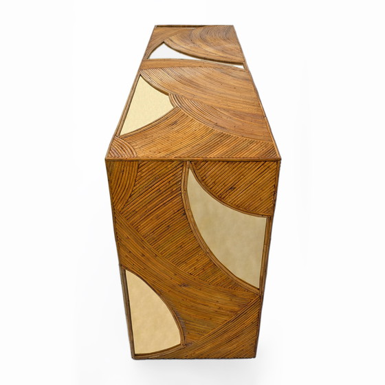 Image 1 of Mid Century Moderne Italiaanse rotan en messing middenconsole van Vivai Del Sud, 70S