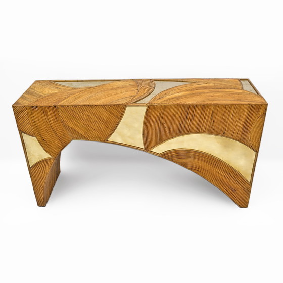 Image 1 of Mid Century Moderne Italiaanse rotan en messing middenconsole van Vivai Del Sud, 70S