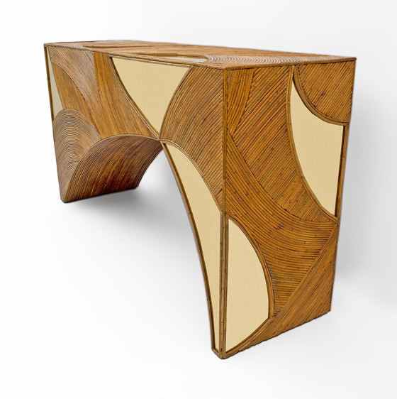 Image 1 of Mid Century Moderne Italiaanse rotan en messing middenconsole van Vivai Del Sud, 70S