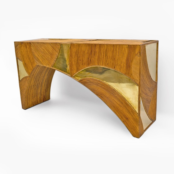 Image 1 of Mid Century Moderne Italiaanse rotan en messing middenconsole van Vivai Del Sud, 70S