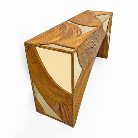Image 1 of Mid Century Moderne Italiaanse rotan en messing middenconsole van Vivai Del Sud, 70S