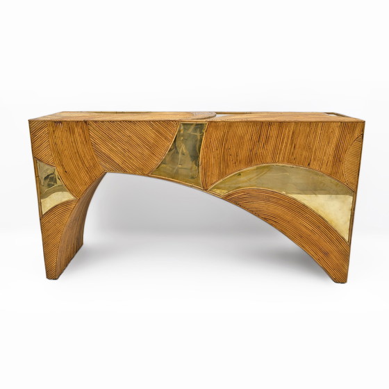 Image 1 of Mid Century Moderne Italiaanse rotan en messing middenconsole van Vivai Del Sud, 70S