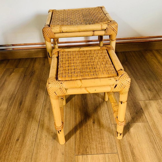 Image 1 of Vintage rotan en rieten nesttafels, Italië 1960