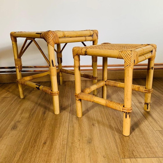 Image 1 of Vintage rotan en rieten nesttafels, Italië 1960