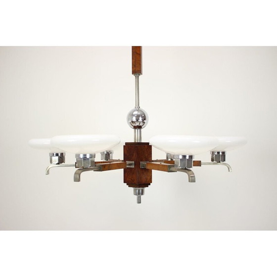Image 1 of Vintage art deco kroonluchter van hout en walnootfineer, Tsjecho-Slowakije 1930
