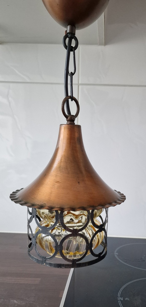 Image 1 of Mid-Century koper metaal glas hang lamp