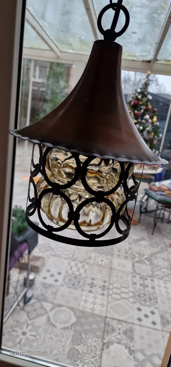 Image 1 of Mid-Century koper metaal glas hang lamp