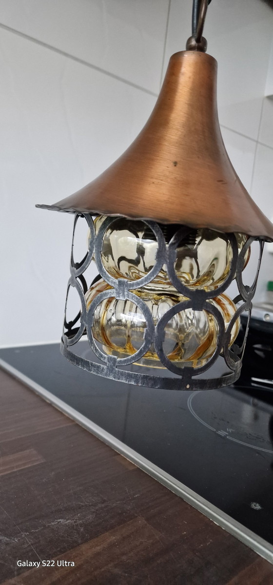 Image 1 of Mid-Century koper metaal glas hang lamp