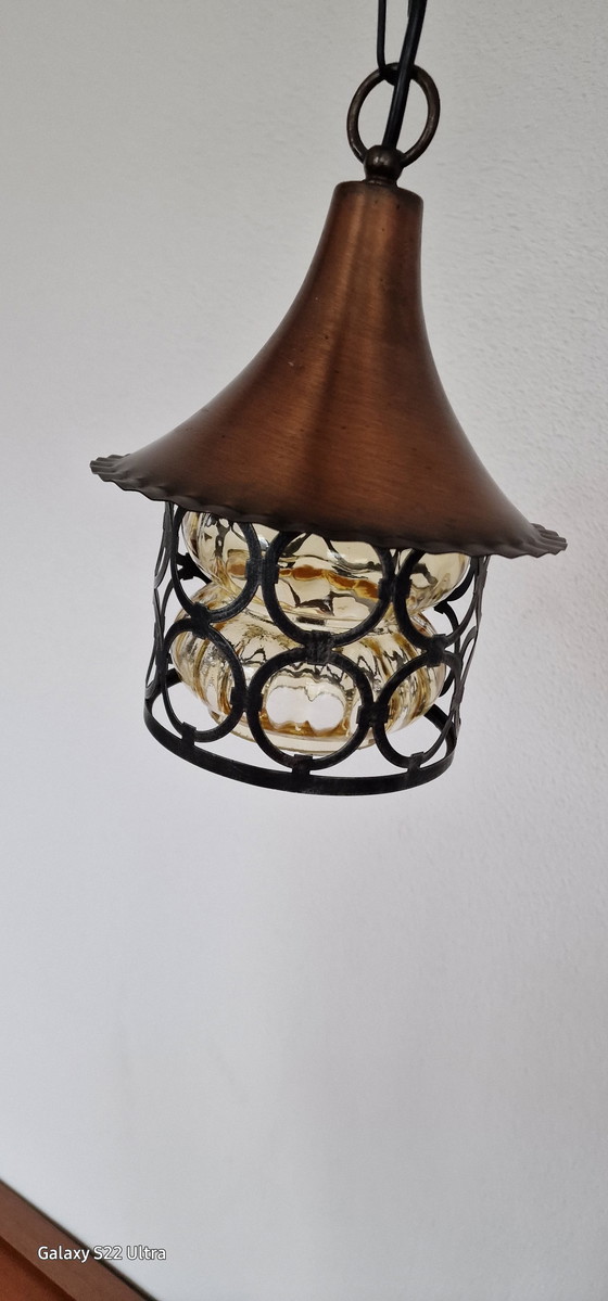 Image 1 of Mid-Century koper metaal glas hang lamp