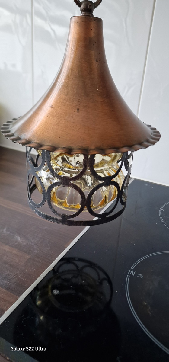 Image 1 of Mid-Century koper metaal glas hang lamp