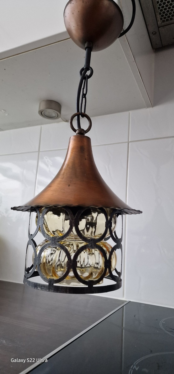 Image 1 of Mid-Century koper metaal glas hang lamp