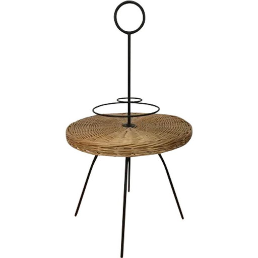 Vintage rieten en metalen draagbare bijzettafel, 1950