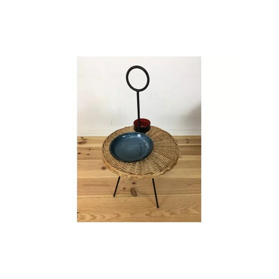 Image 1 of Vintage rieten en metalen draagbare bijzettafel, 1950