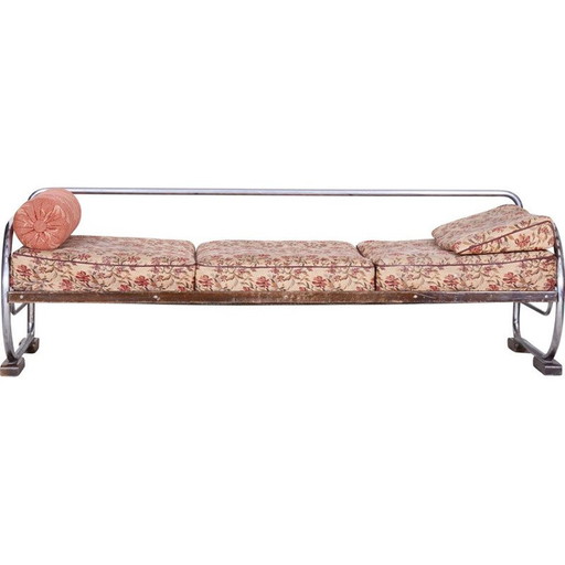 Vintage 3-zits bank in bedrukte stof en metaal van Robert Slezak voor Slezak Factories, Tsjechië 1930