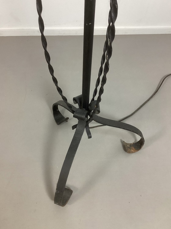 Image 1 of Art Deco Amsterdamse School Smeedijzeren Lamp Glas In Lood Kap