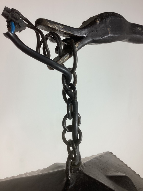 Image 1 of Art Deco Amsterdamse School Smeedijzeren Lamp Glas In Lood Kap