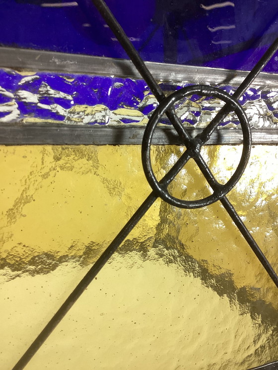 Image 1 of Art Deco Amsterdamse School Smeedijzeren Lamp Glas In Lood Kap