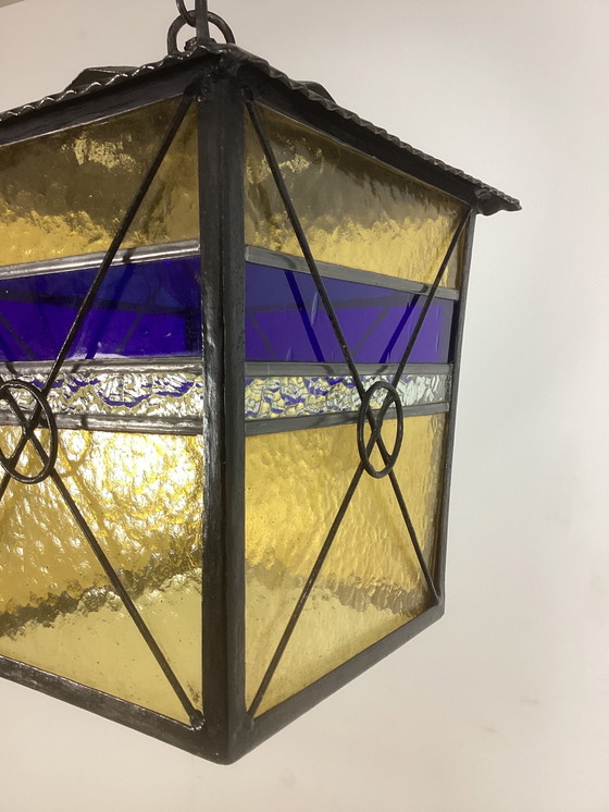 Image 1 of Art Deco Amsterdamse School Smeedijzeren Lamp Glas In Lood Kap