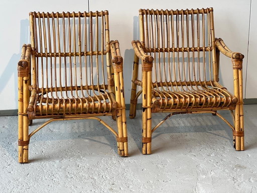 2x Bamboe fauteuils en rotan 1970