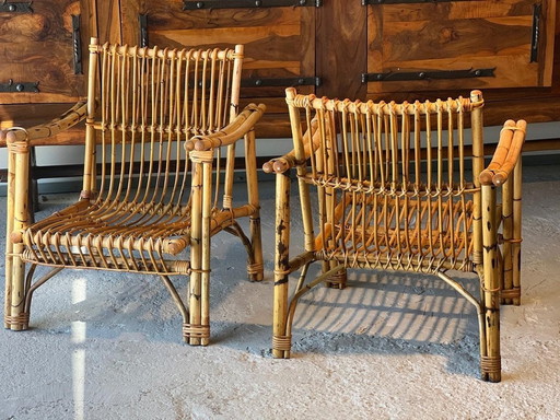 2x Bamboe fauteuils en rotan 1970