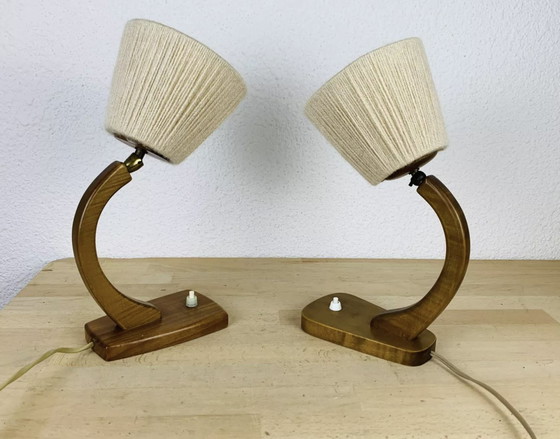 Image 1 of Paar Art Deco Lampen Gebogen Hout en Vintage Wol