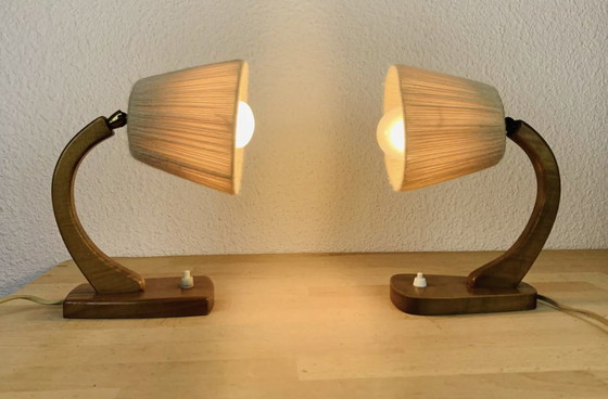 Image 1 of Paar Art Deco Lampen Gebogen Hout en Vintage Wol