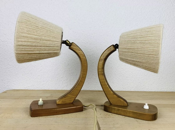 Image 1 of Paar Art Deco Lampen Gebogen Hout en Vintage Wol