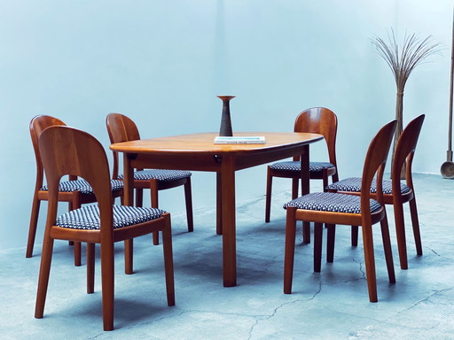 Jon Mortensen voor Koefoed Hornslet eettafel uitschuifbaar & 6 stoelen teakhout Denemarken 1970