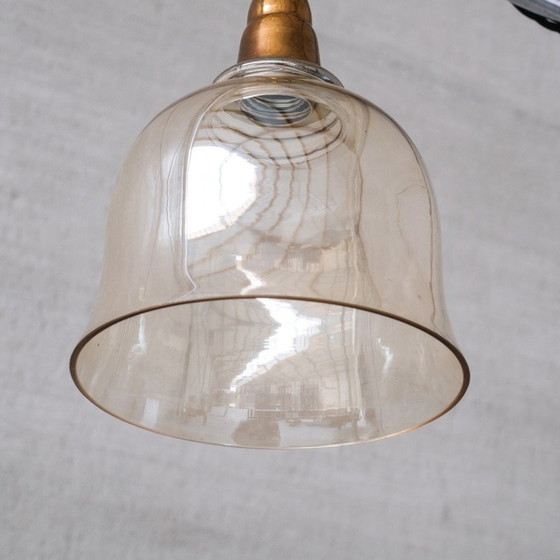 Image 1 of Vintage "bel pendant" hanglamp van messing en rookglas, Frankrijk 1960