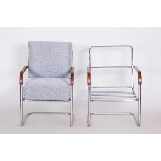 Paar vintage grijs chromen fauteuils van Mucke Melder, Tsjecho-Slowakije 1930