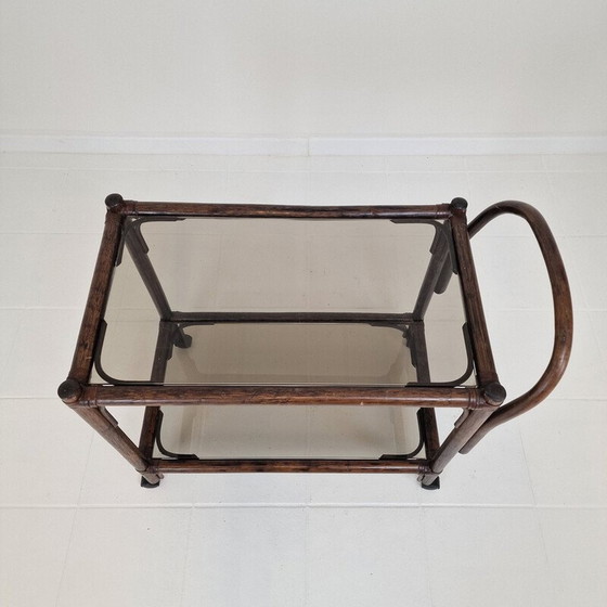 Image 1 of Mid century Italiaanse Bas trolley van gebogen hout en gerookt glas, 1970