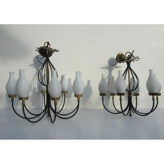 Image 1 of Set van 4 vintage kroonluchters en wandlampen in opaline, glas en messing - jaren 1950