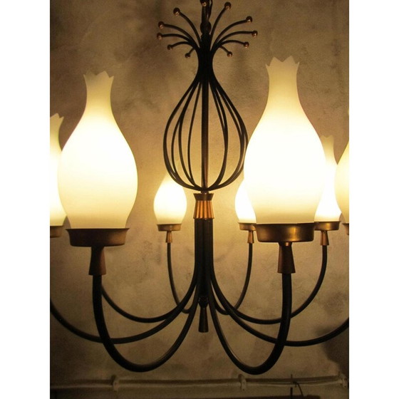 Image 1 of Set van 4 vintage kroonluchters en wandlampen in opaline, glas en messing - jaren 1950