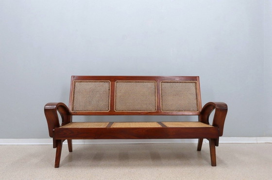 Image 1 of Mid Century 3 zits Teak Sofa en Weens stro 1950S