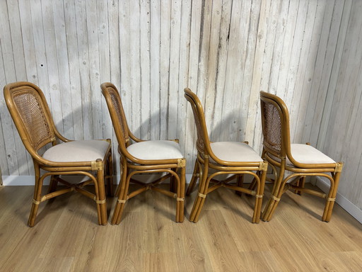 4 Vintage Stoelen Rotan Eetkamerstoelen Beige 