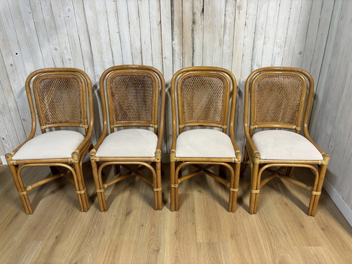 4 Vintage Stoelen Rotan Eetkamerstoelen Beige 