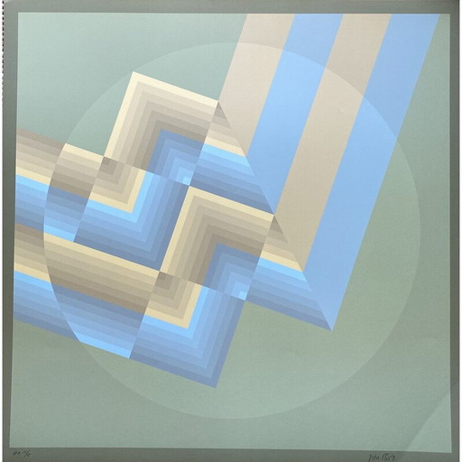 Vintage "Tribute to Vasarely" fotolithografie door Jim Bird, Barcelona jaren 1970