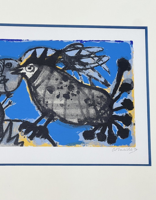 Gesigneerd; Guillaume Corneille ingelijste litho: L'Oiseau Musical, 1992