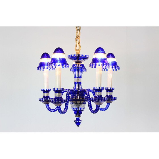Image 1 of Vintage kroonluchter van blauw glas, Tsjecho-Slowakije 1940